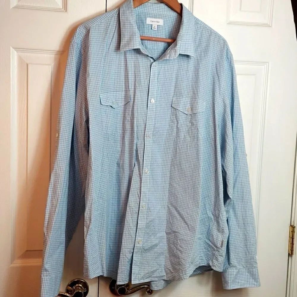 Calvin Klein Blue Plaid Long Sleeve Button Shirt